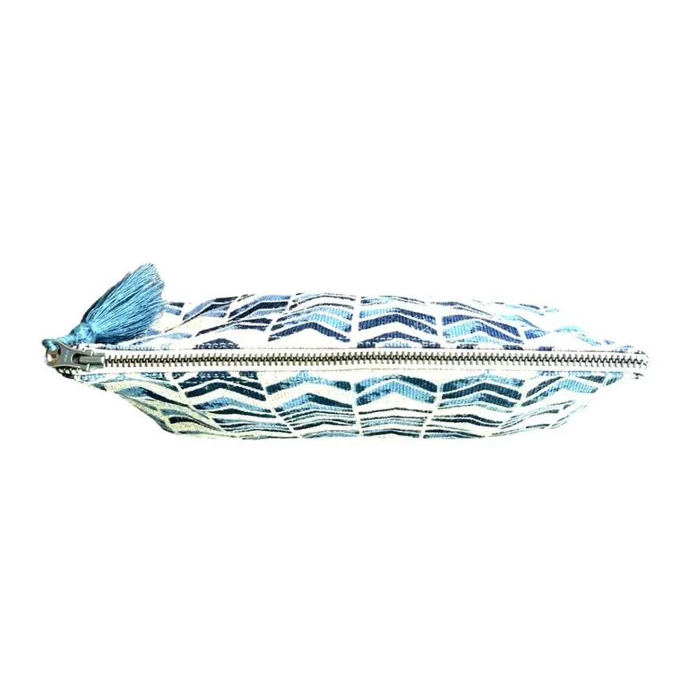 Neiman Marcus Chevron Cosmetic Bag Blue Beige Jute Zip Tassel Travel Makeup
